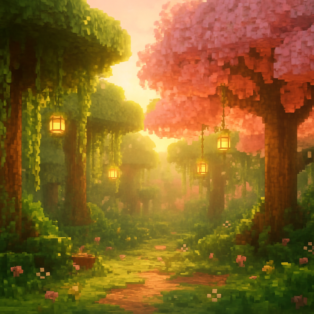 Lush Minecraft jungle spawn with vines, flowers and glowing lanterns