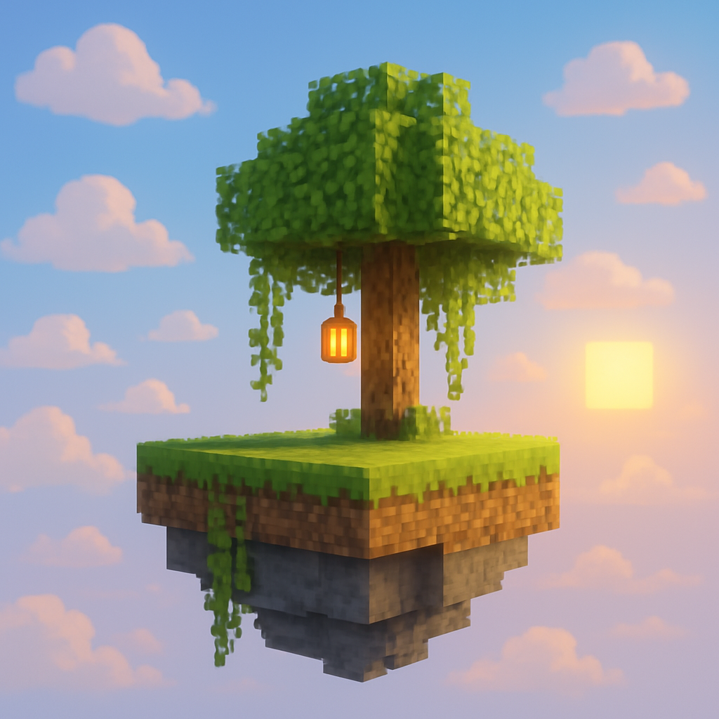 Floating skyblock island in the clouds