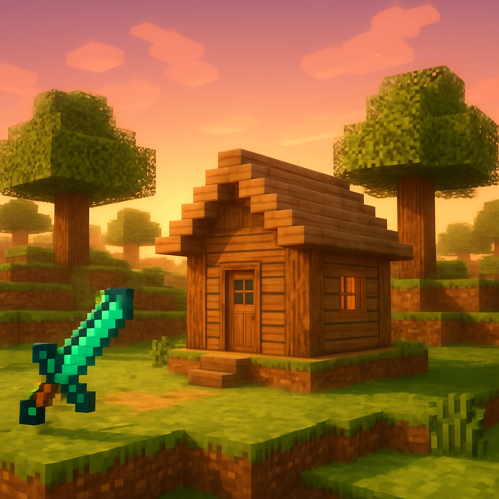 Cozy survival cabin in a Minecraft landscape